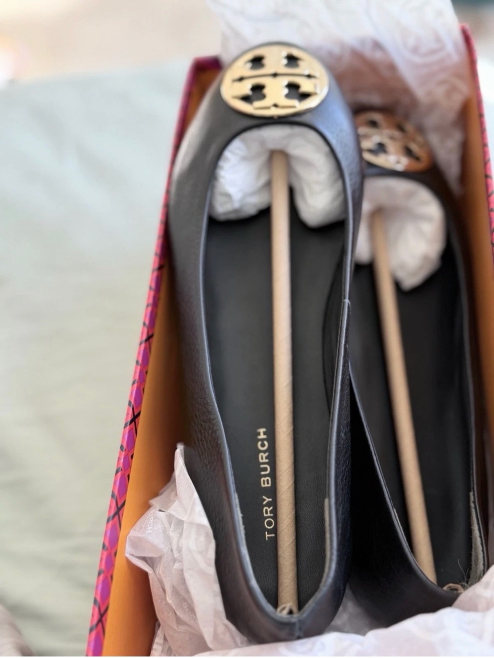 Tory Burch Black Leather Logo Chelsea Ballet Flats 6